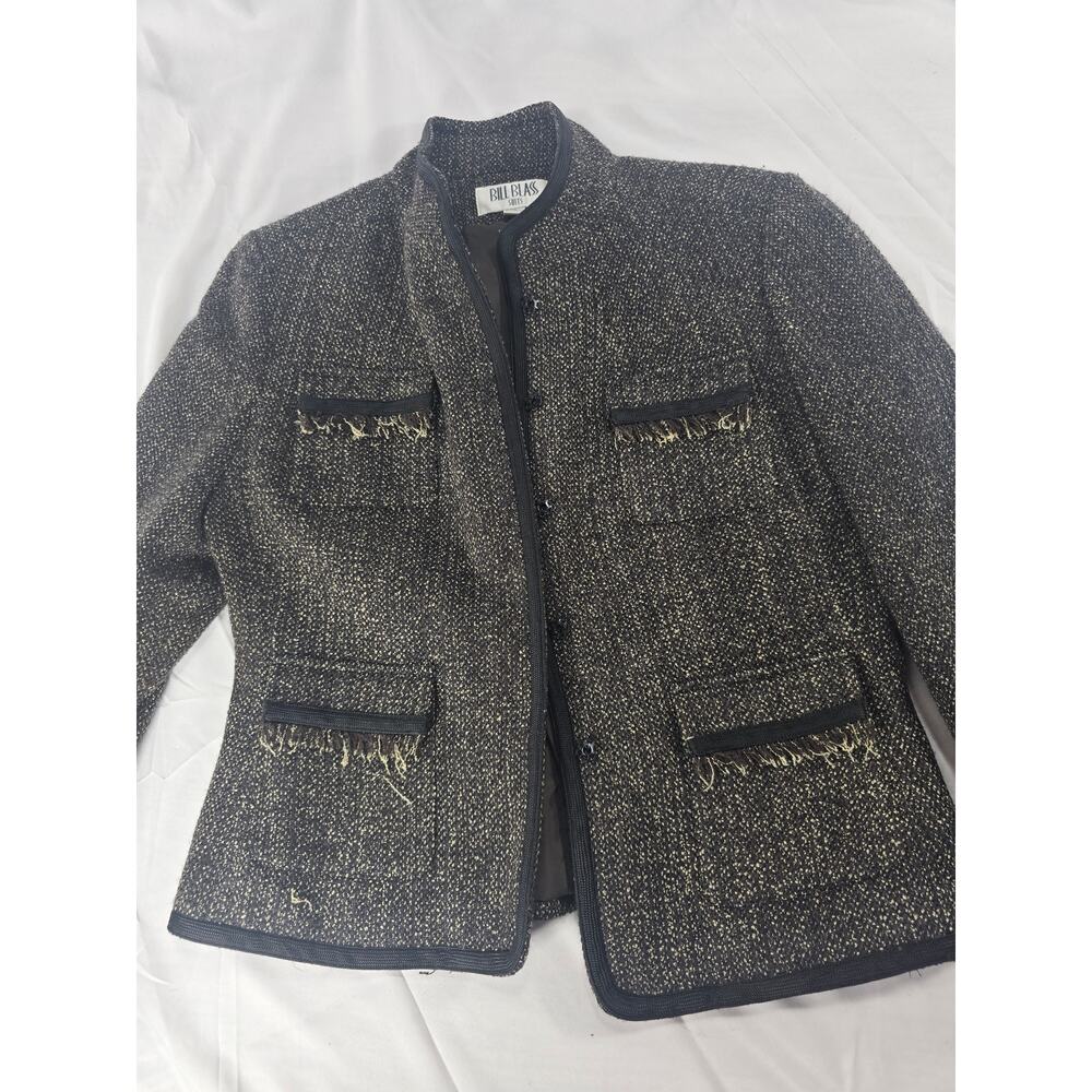 Bill Blass Suits Tweed Jacket Size 10 Black Metallic Fringed Trim Lined